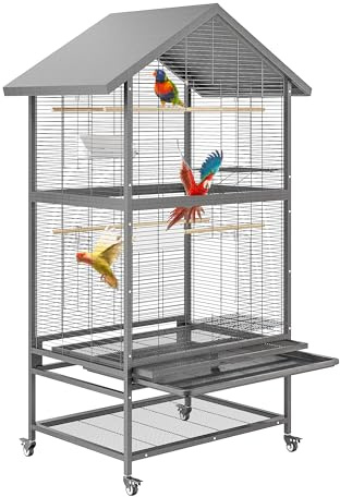 65,7 Zoll Großer Vogelkäfig mit Rollen, Flugkäfig für Sittiche mit 4 Metallfutterspendern, Holz-Sitzstangen und Ablagebrett – Robust & Sicher