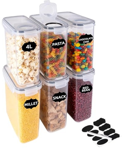Set of 6 Cereal Storage Container 4L Airtight Food Cereal Dispenser Containers Stackable Kitchen Storage Boxes Plastic Pantry Organization with Lock Lids for Cornflakes Flour Sugar Pasta