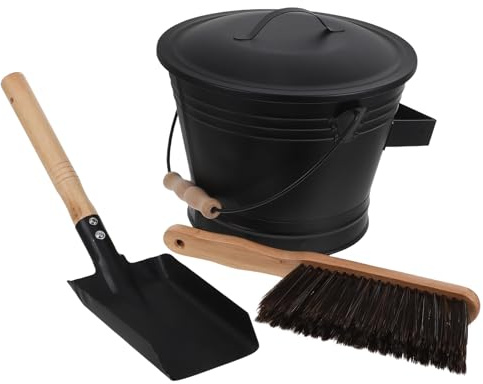 HOLIDYOYO Metal Ash Bucket with Lid Wood Stove Tool Kit Fireplace Cleaning Set with Shovel and Broom for Indoor Outdoor Fireplaces Charcoal and Ash Management Accessories