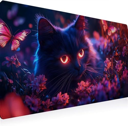 XXL stor musmatta 60 x 30 cm, halkfri gummibas musmatta med sydda kanter, ergonomisk musmatta för kontor skrivbordstillbehör tangentbord/bärbar dator katt svart fjäril 1J0-526