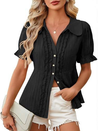 ECOWISH Women's Button Down Shirt - Peter Pan Collar Cotton Blouse Summer Dressy Short Sleeve Loose Fit Work Tops Black S
