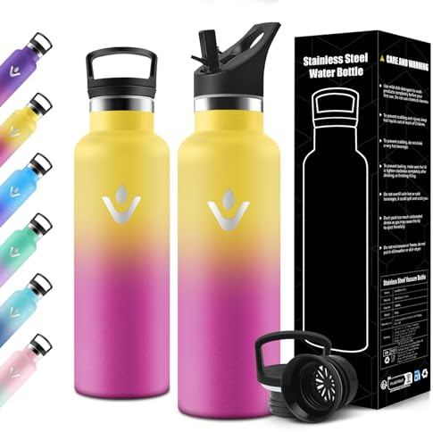Motswedi Gourde Isotherme 750ml, avec Paille, Bouteille Isotherme, Réutilisable, Thermos, Anti-Fuite, Gourde Enfant, pour l'école, Voyage, Camping, Sport, Gym, Jaune & Rose