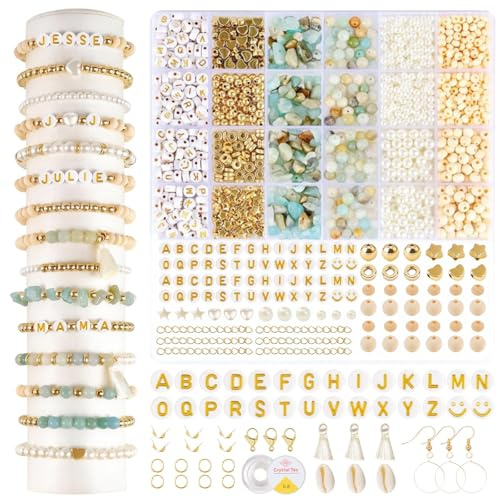 wokdsbl Natürliche Amazonit Perlen für Armbänder Naturstein Perlen Set mit Holzperlen und Buchstabenperlen für DIY Schmuck Armbänder Halsketten Ohrringe Bastelset für Erwachsene