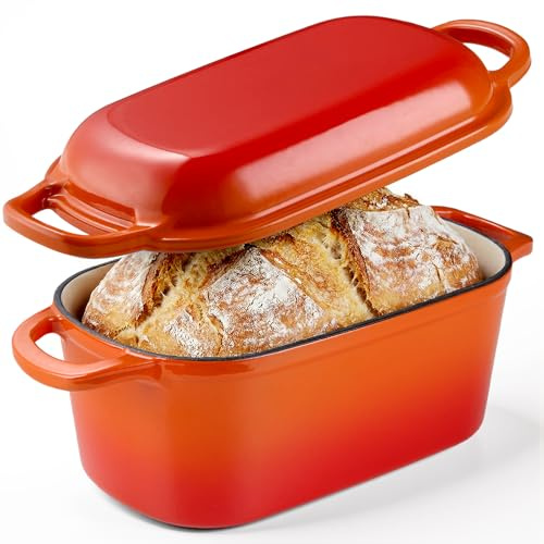 KOMORE 3.8L Rectangular Cast Iron Dutch Oven for Sourdough Bread, Orange | Enamelled Cast Iron Pot with Lid for Bread Making, Roasting, Braising & Frying - Oven Safe up to 260°C, Non Stick, 28cm.