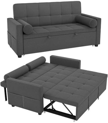 HOMCOM Canapé Convertible 2 Places 3 en 1, canapé-lit capitonné, lit gigogne Double, Dossier réglable, 2 Coussins et Poches d'accoudoirs, Tissu Aspect Lin, pour Chambre, Gris foncé