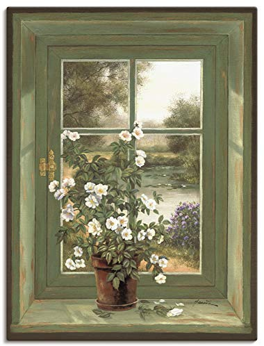 ARTLAND Wanddeko Leinwand Bilder Wandbild Fensterblick Fenster Natur Landschaft Stillleben Blumen Botanik Kunst T5YV