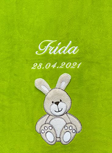 KIDDI-MEDIA Babydecke, Apfelgrün, Hase, Bestickt | mit Name und Geburtsdatum, Kuschelig weich