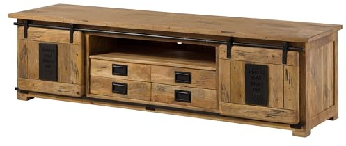 MASSIVMOEBEL24.DE TV-Board Mango Natur lackiert Railway #314 | 200x55x55 (BxTxH) 80 kg Industrial montiert vollmassiv