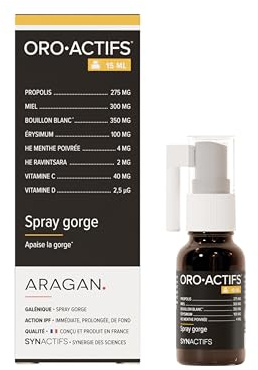 Oroactifs Format Spray - Complement Alimentaire Maux de Gorge - Miel, Huile Essentielle Menthe Poivrée & Ravintsara, Vitamine C & Vitamine D - Aragan - 15ml