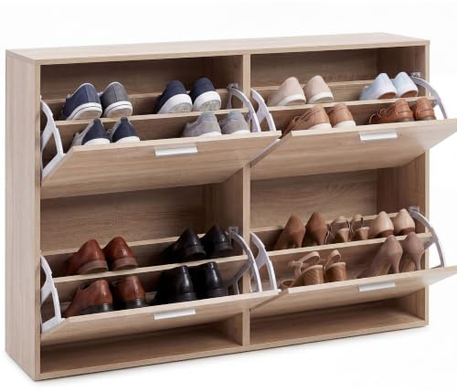FineBuy Schuhkipper 120x24x81 cm Sonoma, 4 Klappen 24 Paar Schuhe | breiter Schuhschrank flach, Schuhkommode hinten geschlossen, schützt die Wand, Schuhregal für den Flur