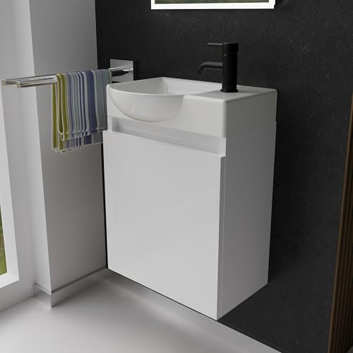 Alpenberger Waschbecken mit Unterschrank Gäste WC 45 cm hängend Weiß | Kleiner Waschtisch mit Unterschrank: Keramik & MDF, wandhängend, Softclose Tür, mit Überlauf, für kleine Bäder, Links Becken
