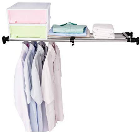 BAOYOUNI Verstellbares Regal Teleskop Schrank Organizer Rack Erweiterbar kleiderschrank Edelstahl Teleskopregal Ohne Bohren, Ausziehbare 84-117,5 cm, für Schlafzimmer, Bad, Küche, Schwarz, 1 Stück