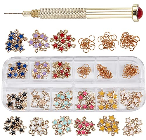 NICENEEDED 153Pcs Dangle Nail Art Charmes Ensemble, Charmes de Perçage D'Ongles Étoiles Colorées Dangle et Anneaux de Saut Ouverts Charme D'Ongle avec Outil de Perçage D'Ongles
