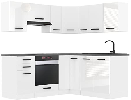 Belini Küchenzeile L-Form Sarah, ohne Arbeitsplatten, Weiß Hochglanz | Küchenblock Küche Küchenmöbel mit Griffe, Einbauküche ohne Elektrogeräten mit Hängeschränke und Unterschränke