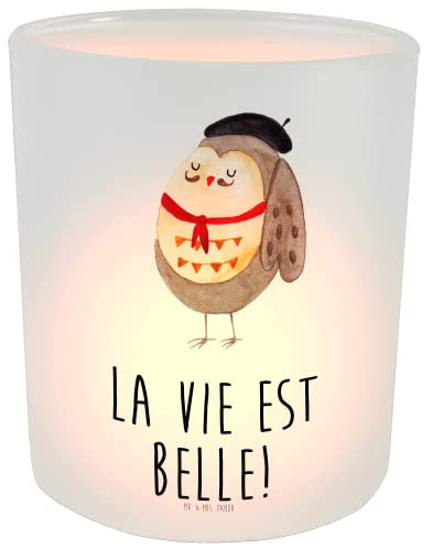 Mr. & Mrs. Panda Teelicht Eule Frankreich - Geschenk, Windlicht Deko, Spruch schön, hibou, Kerzenlicht, Kerzenglas, Owl, Spruch Französisch, béret,