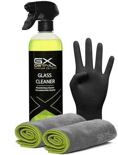 GxDetail Limpiacristales Coche 500 ml. - Glass Cleaner - Incluye Guantes de Nitrilo y 2 Microfibras - Base de Alcohol Triple Acción- Limpia Cristales Profesional – Sin Marcas – Formulado con Alcohol