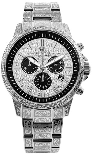 LOUIS XVI Palais Royale Iced - Montre pour homme - Diamètre : 43 mm - Étanche - Avec verre saphir - Or argenté noir - Cadran diamants CZ - Mouvement à quartz CH, argenté, Bracelet
