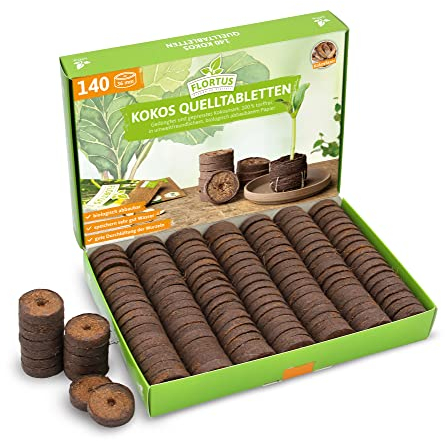 FLORTUS – Kokos Quelltabletten aus Anzuchterde mit NPK Dünger – 140 Stück (36 mm) Kokos Quelltabs torffrei & biologisch abbaubar – Kokoserde für Pflanzen Anzucht – Anzuchterde aus Kokosfaser