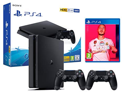PS4 Slim 500Go Console Playstation 4 Noir + FIFA 20 + 2 manettes Dualshock 4 (Reconditionné)