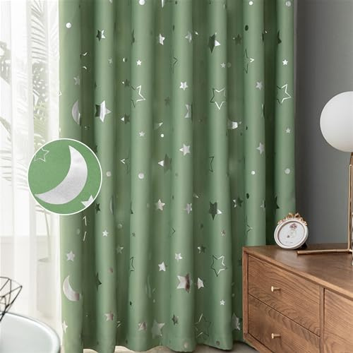 Freyamy Vorhang Blickdicht Grün Mond Sternenvorhänge 2 Stück,200x100cm (HxB) Niedliche Vorhänge mit Ösen Lichtundurchlässig thermovorhang kälteschutz Gardinen Lärmschutz für Kindervorhänge