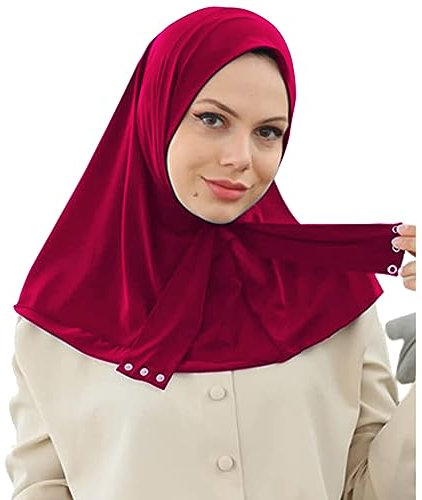 AIBEARTY Frauen Mode Instant Muslim Turban Hijab mit Druckknopfverschluss Atmungsaktiv Kopftuch Motorhaube Kappe Turban Hut Schal, Modal, weinrot, 3 Knöpfe, Einheitsgröße