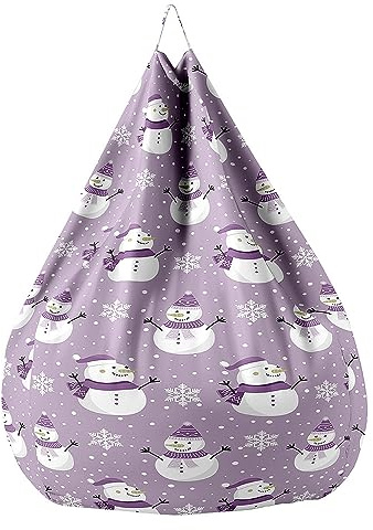 Treer Fodera per Pouf a Sacco in Cotone e Lino, Adulti Bambini Motivo Natalizio Copertura per Poltrona Sacco, Senza Imbottitura, Pouf a Forma di Pera Bean Bag Cover (90x110cm,Pupazzo di Neve Viola)