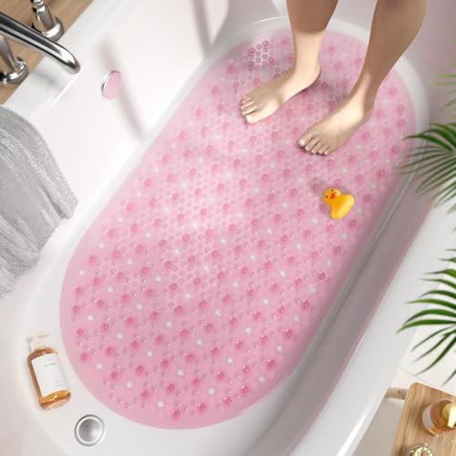 HITSLAM Alfombra bañera Antideslizante Oval, 68x38cm Alfombrilla de baño de Burbujas con Ventosa sin BPA, Alfombra de Ducha Antideslizante Resistentes al Moho y Lavables a máquina, Rosa