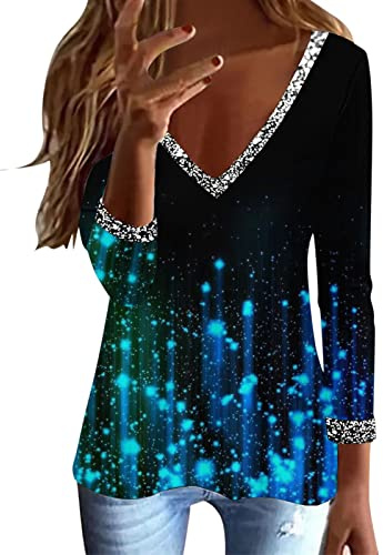 Glitzer Oberteile Damen Langarmshirt - T Shirt Damen V Ausschnitt, Pailletten Bluse Elegant Lässig Locker Party Oberteil Langarm Tunika Große Größen Festliche Top Blusen & Tuniken für Damen