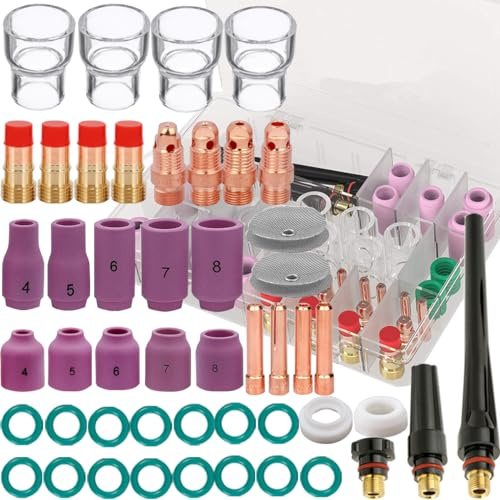 EATBALE 48teiliges für Wig-Schweißbrenner, Stubby-Gaslinse Nr. 12, Glasbecher-Set für WP-17/18/26 mit Aluminiumoxiddüsen, Spannzangenkörper, hinteren Bechern, Diffusoren, O-Ringen, Becherdichtungen