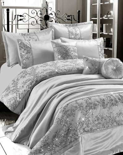 Luxurious Embroidered Gigi Duvet Quilt Cover Bedding Set with Matching Pillowcases, Bedspread Throw with Pillow shams & Filled Cushion Bedroom Linen Set (Silver Grey, Double Duvet Cover Set)