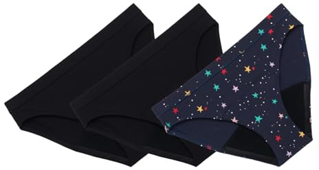 THINX Teens Period Underwear, Bikini-Style Period Panties for Teens, Holds Up to 12 Regular Tampons*, Period Panties, Leakproof & Reusable, (2) Black + (1) Lucky Stars, Size 15/16