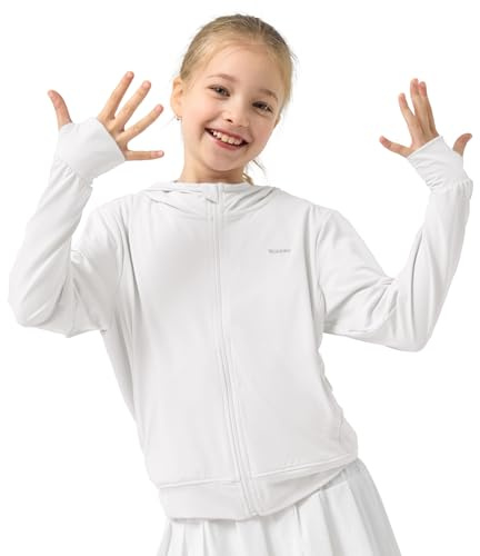 Rolanko Girls Summer Jacket with Thumbholes Long Sleeve Sun Protection Quick Dry Zipper Hoodie Kids Rash Guard Tops, White, Size: 150/10-11 Years