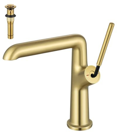 Borlon Einloch-Badezimmerarmatur, gebürstetes Gold, moderner Einhandhahn für Waschbecken, luxuriöser goldfarbener Waschtischarmatur mit Waschbeckenstöpsel