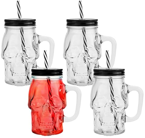 binsakao Halloween Cups Set of 4 - Skull Glass Drinking Jar with Lids and Straws - Halloween Decor, Drinking Glasses 16 oz