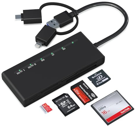 7 in 3 Multi-Kartenleser für SD/TF/CF/XD/MS/Micro SD Memory Stick Pro Duo Adapter für iPhone/iPad/MacBook/Samsung Windows/Mac OS/iOS/Android USB 3.0 & USB C Kartenlesegerät Liest 5 Karten Gleichzeitig