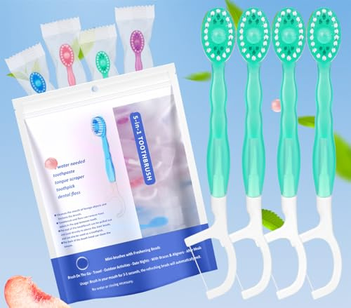 Vonmerie 12-pack minitandborste, minitandborste engångs med tandkräm, 5-i-1 (förbunden | tandtråd | tungskrapa | fräsch andning | tandpetare) mini tandborste (grönt te)