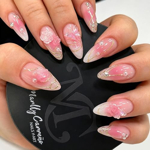 Bomesy Blush Pink Press on Nails with Flower Butterfly Pearl Charms 3D Water Ripple Golden Lines Design Medium Almond Cute Fake Nails for Women Girls Acrylic Faux Ongles a Coller (Almond Blush Pink)
