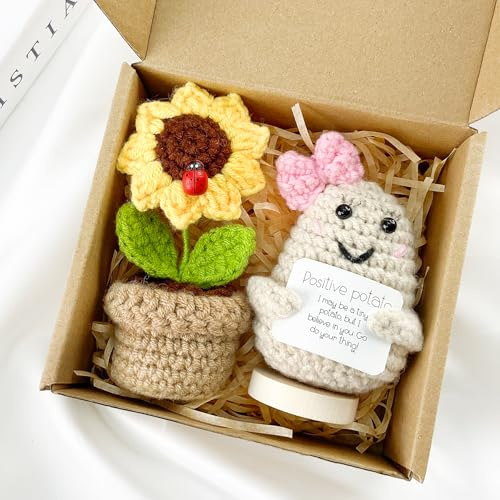 LunarCharm Regalo positivo de patata y girasol, apoyo emocional, maceta de patata y girasol tejida a ganchillo, divertidos regalos de cumpleaños para la mejor amiga