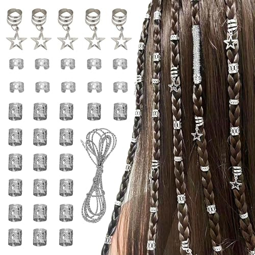 CHENNAN 36 Stück Dreadlocks Schmuck, DIY Perücke Dirty Braid Schmuck Zubehö, Flechtet Haar Schmuck, Haarspiralen Clips, Dreadlocks Perlen Flechtet Haar Schmuck, Für Männer Und Frauen Geeignet(Silber)