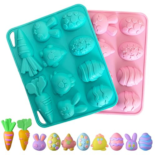 2 piezas de molde para hornear de conejos de Pascua, huevos de Pascua y liebres, molde de silicona de zanahorias y conejos, para adornos de cupcakes, chocolate, pasteles, decoración de galletas