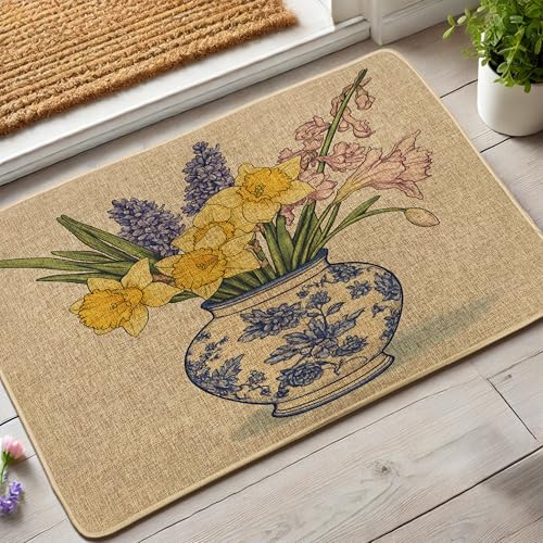Tapis de Porte Floral Jacinthe Jaune Jacinthe Violet Printemps Décoration Intérieur Extérieur Antidérapant Imperméable Absorbant la Poussière Facile à Nettoyer 73X