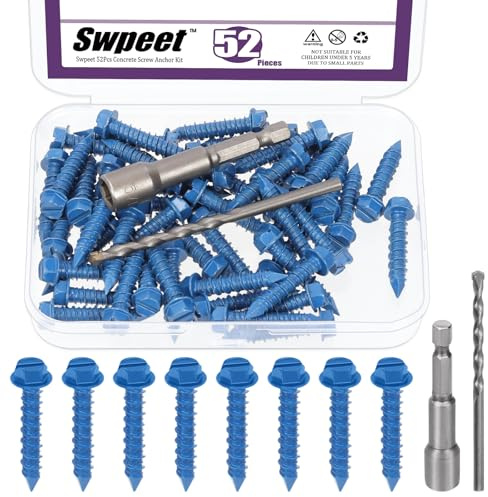 Swpeet 52 viti per calcestruzzo a testa esagonale con intaglio da 1/4 x 1-1/4, con bussola esagonale e kit assortito di punte da trapano, viti autofilettanti in cemento per ancoraggio a blocchi di