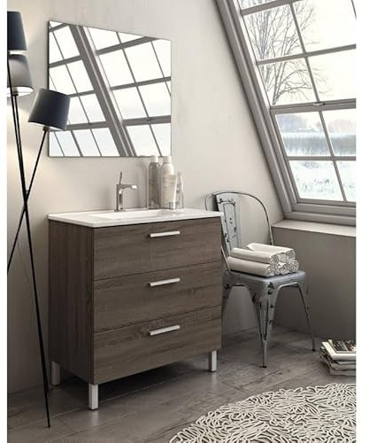 Aquore Conjunto Mueble de Baño Mallorca con Patas | Mueble de Baño 3 Cajones Modelo Mallorca | Incluye Lavabo Cerámico | Mueble al Suelo con Patas 3 Cajones (Britania, 80 x 45 x 84 cm)