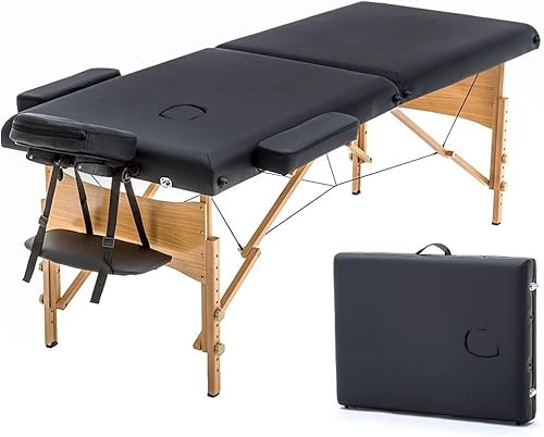 Aspria Massageliege Mobile Massagetisch 2 Zonen Tragebares Massagebett höhenverstellbar Holzfüßen inkl. Kopfstütze & Armlehnen 213 × 82 x 85 cm bis 250 kg Belastbar (Schwarz)
