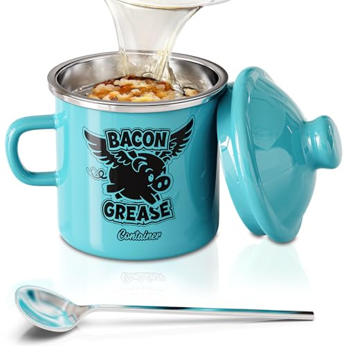 PGYARD Mini Bacon Grease Container With Strainer - 15OZ Farmhouse Enamel Grease Saver, Fat Storage For Kitchen, Dishwasher Safe-Light Blue