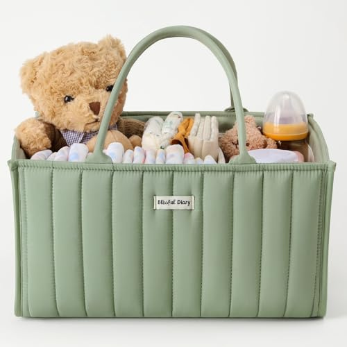 Blissful Diary Panier Rangement Bébé, Organiseur de couches pour Table à Langer, panier de rangement pour couches et lingettes pour bébé, cadeau pour fête prénatale, Vert