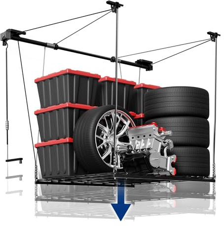 FLEXIMOUNTS Overhead Garage Storage Rack Lift, 4x4 Ft Heavy-Duty Garage Ceiling Storage Racks, Adjustable Organization System With 71'' L Axle, 350lbs Load Capacity, Flat Black