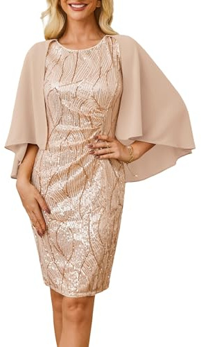 GRACE KARIN Damen Pailletten Kleid Glitzer Partykleid Cocktailkleid mit Chiffon-schal Rundhals Knielang Midi Kleid Formales Kleid Gold L