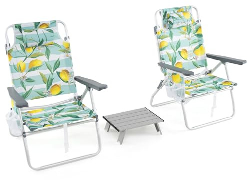 GIANTEX Klappstuhl Strandstuhl mit Tisch Set, klappbarer Gartenstuhl Campingstuhl Liegestuhl mit Verstellbarer Rückenlehne, Hochlehner mit Kopfstütze, Balkonstuhl Terrassenstuhl (Modell 2-Grün)