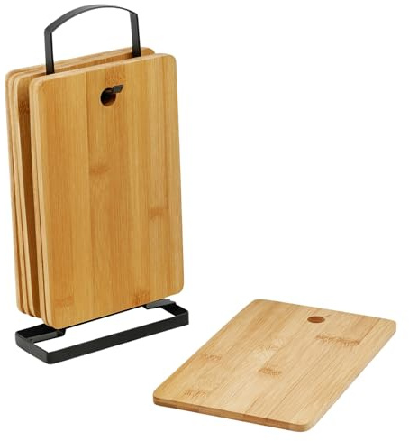 URBNLIVING Set of 6 Bamboo Cutting Boards with Holder - Natural Wood Kitchen Chopping Board Set for Meat, Vegetables & Bread - Compact Stand for Organised Storage - Knife-Friendly & Easy to Clean